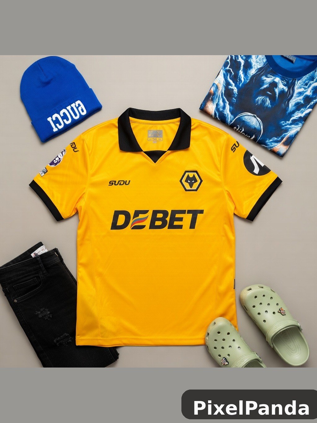 Yellow soccer jersey with black collar and coordinating accessories