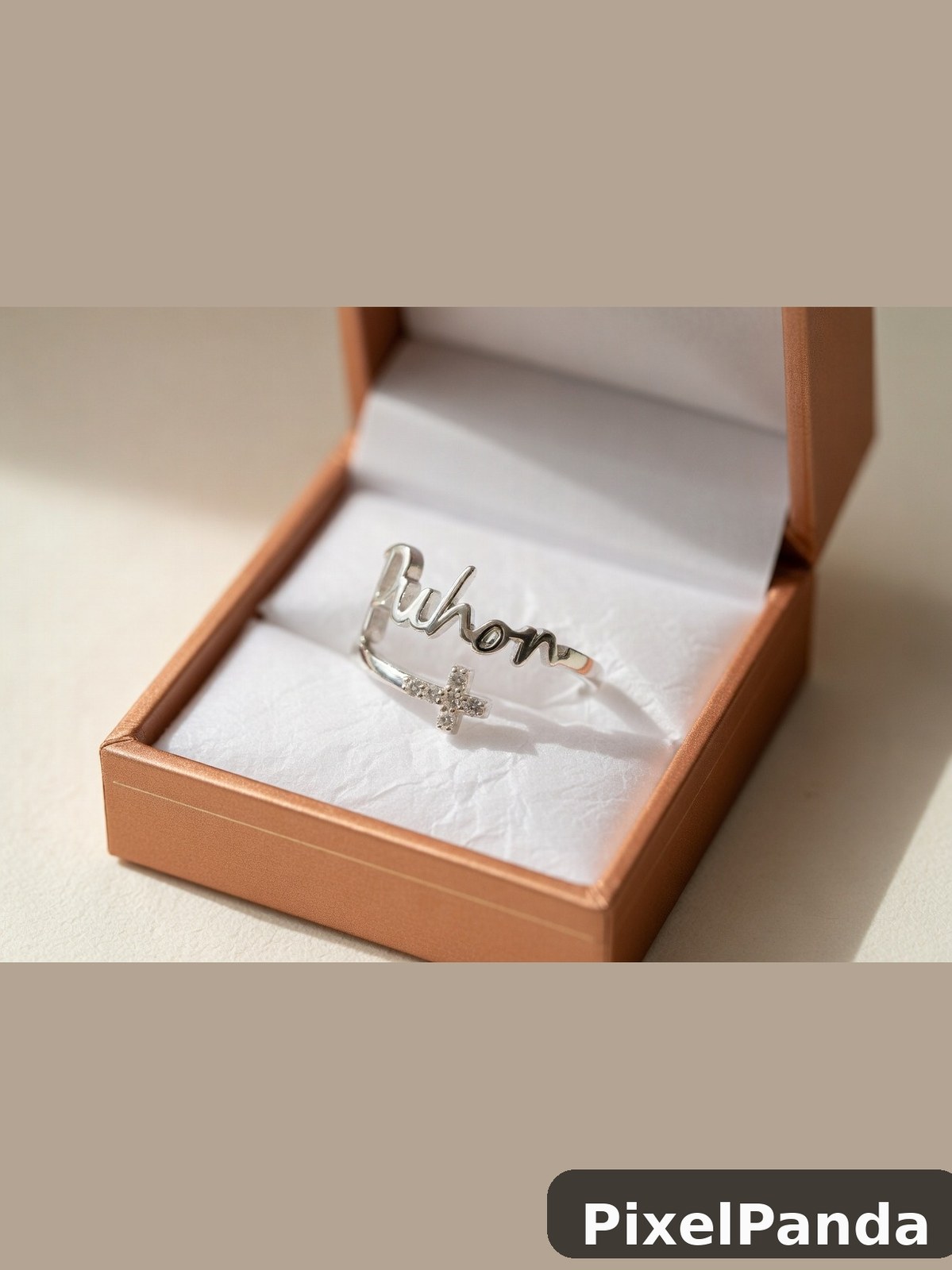 Silver script name ring with crystal cross charm in rose gold box
