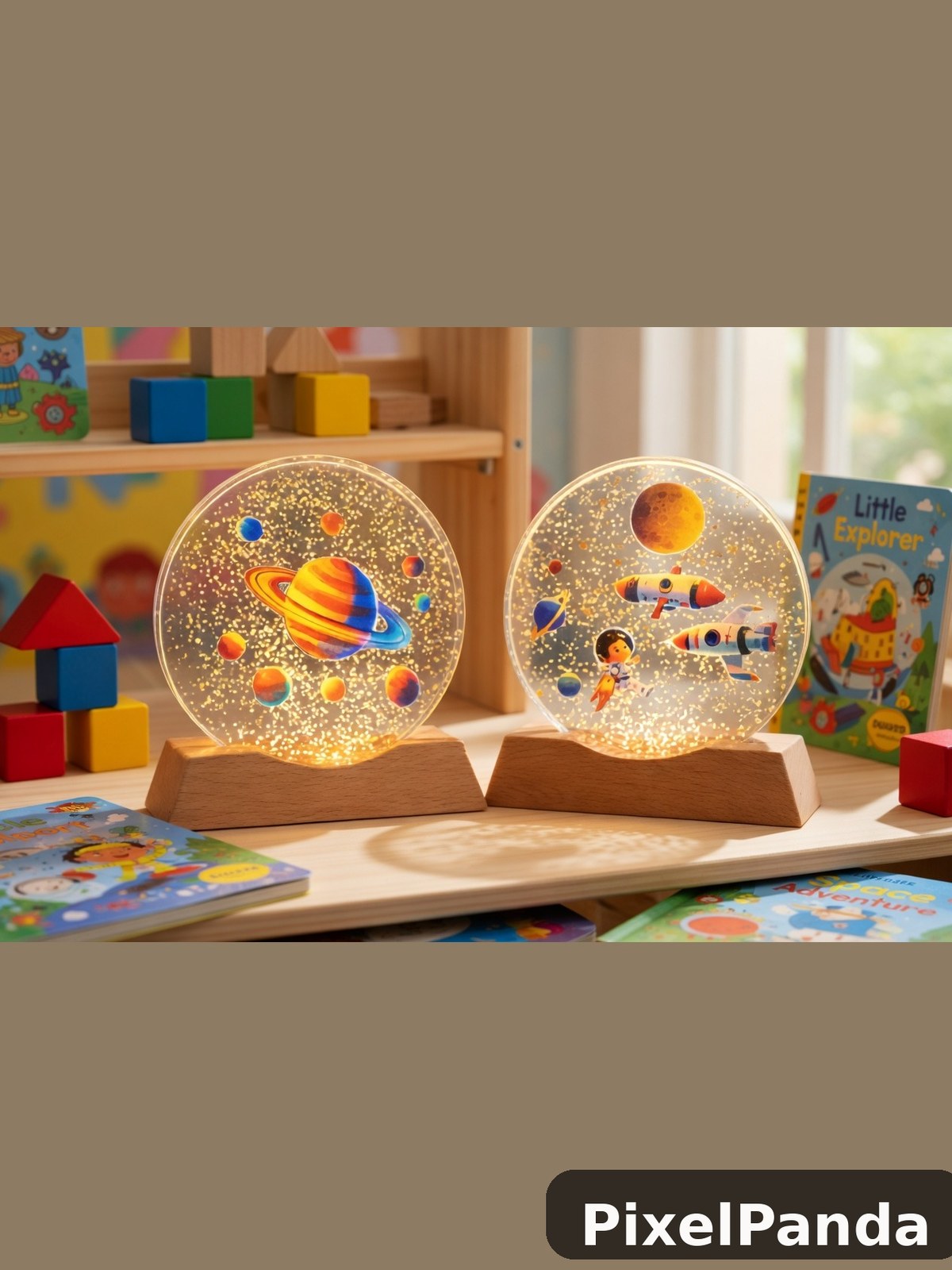 Two illuminated glass globes with space and planet designs on wooden bases