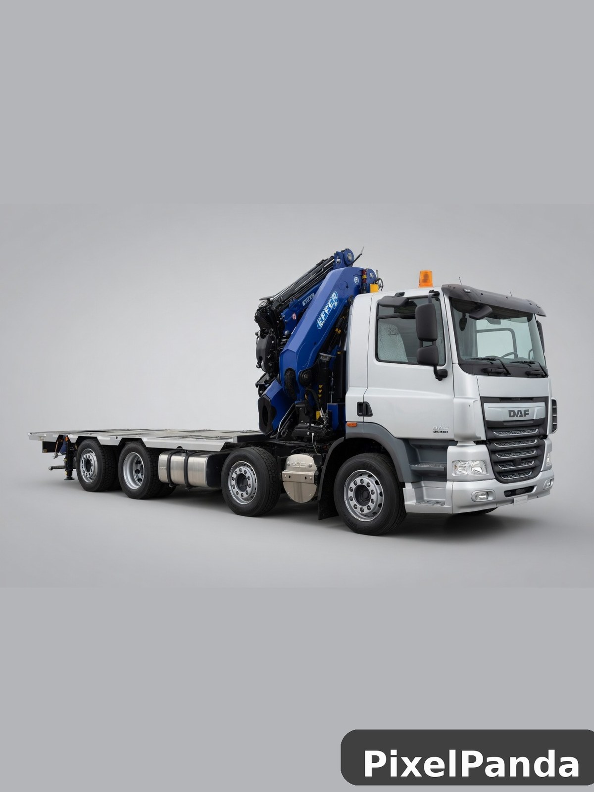 White DAF truck with blue hydraulic crane arm on flatbed