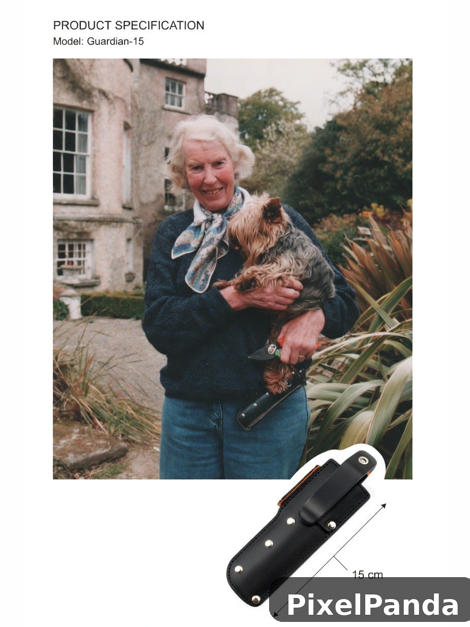 Woman with white hair holding small dog in garden setting