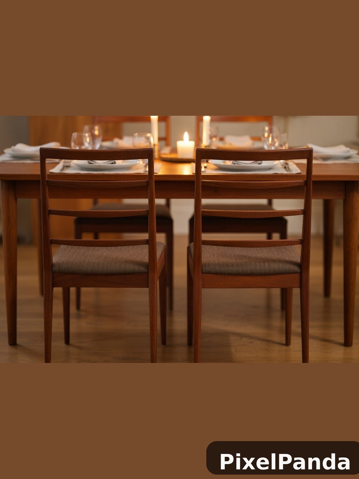 Mid-century wooden dining chairs with gray upholstered seats