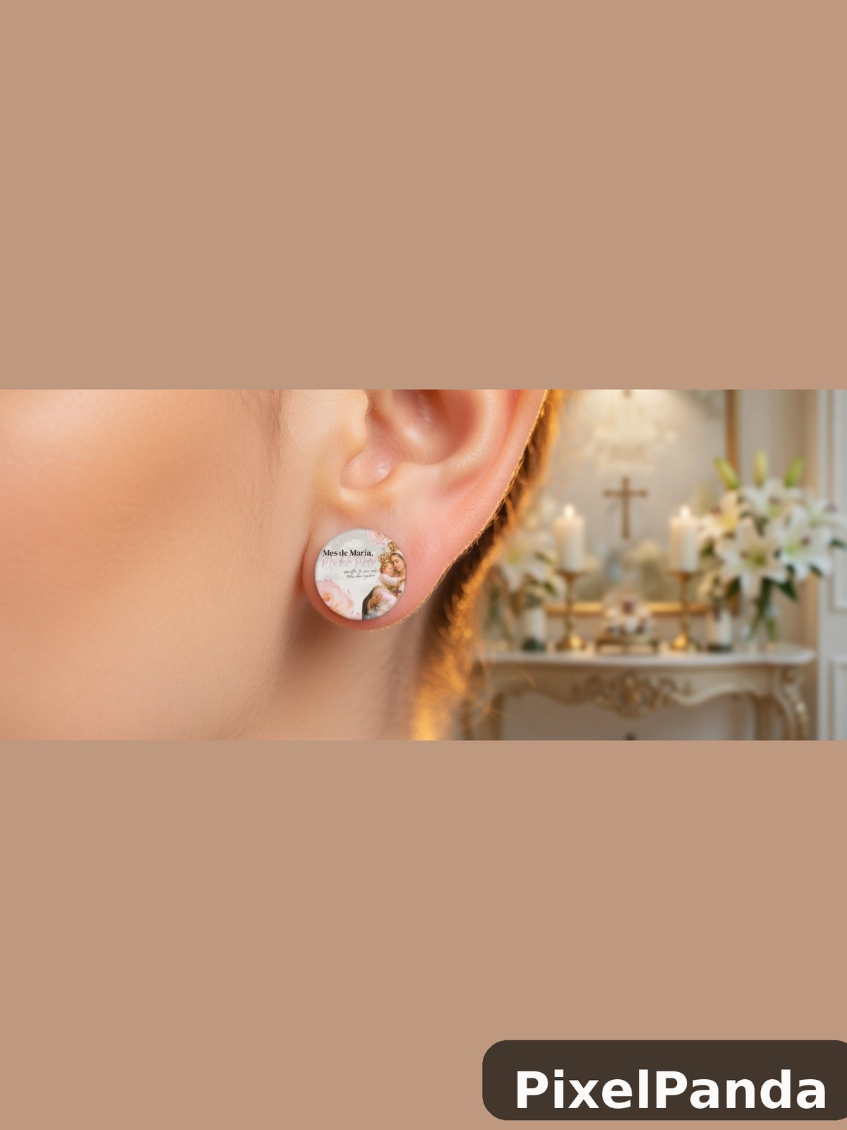 Person wearing circular religious portrait earring in chapel setting
