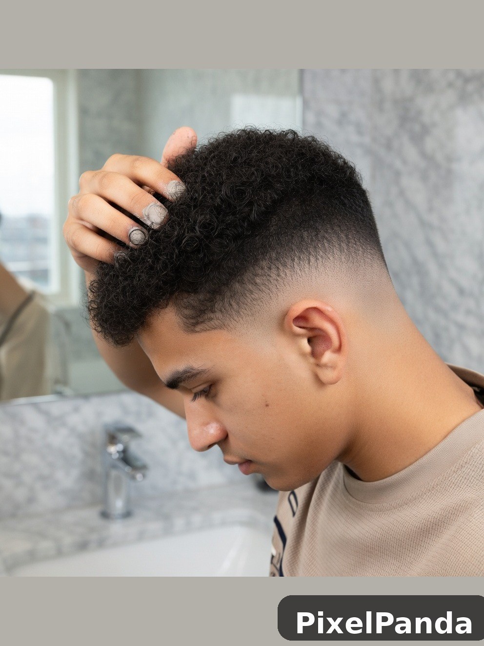 Person with textured fade haircut styled with hand in bathroom