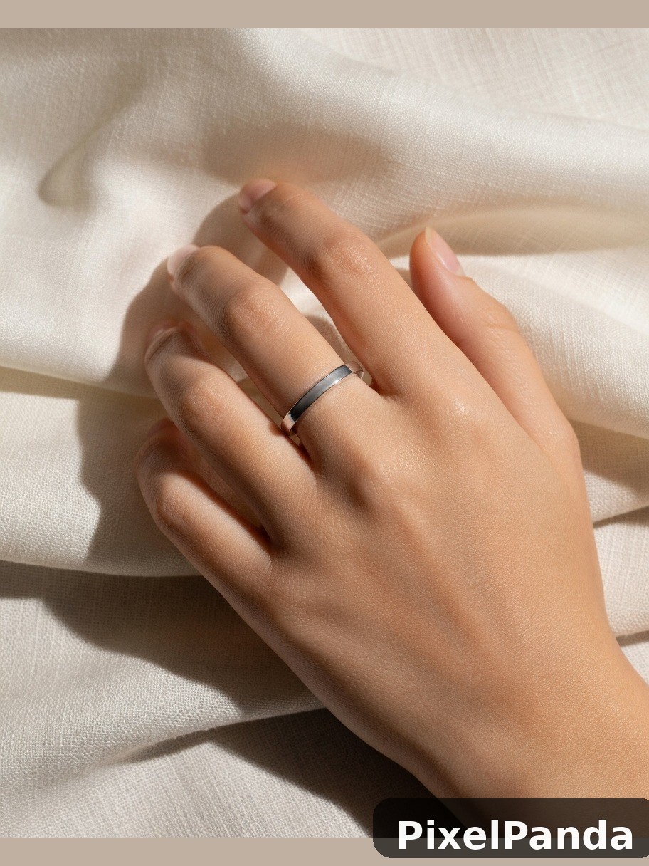 Hand with silver band ring on cream textured fabric