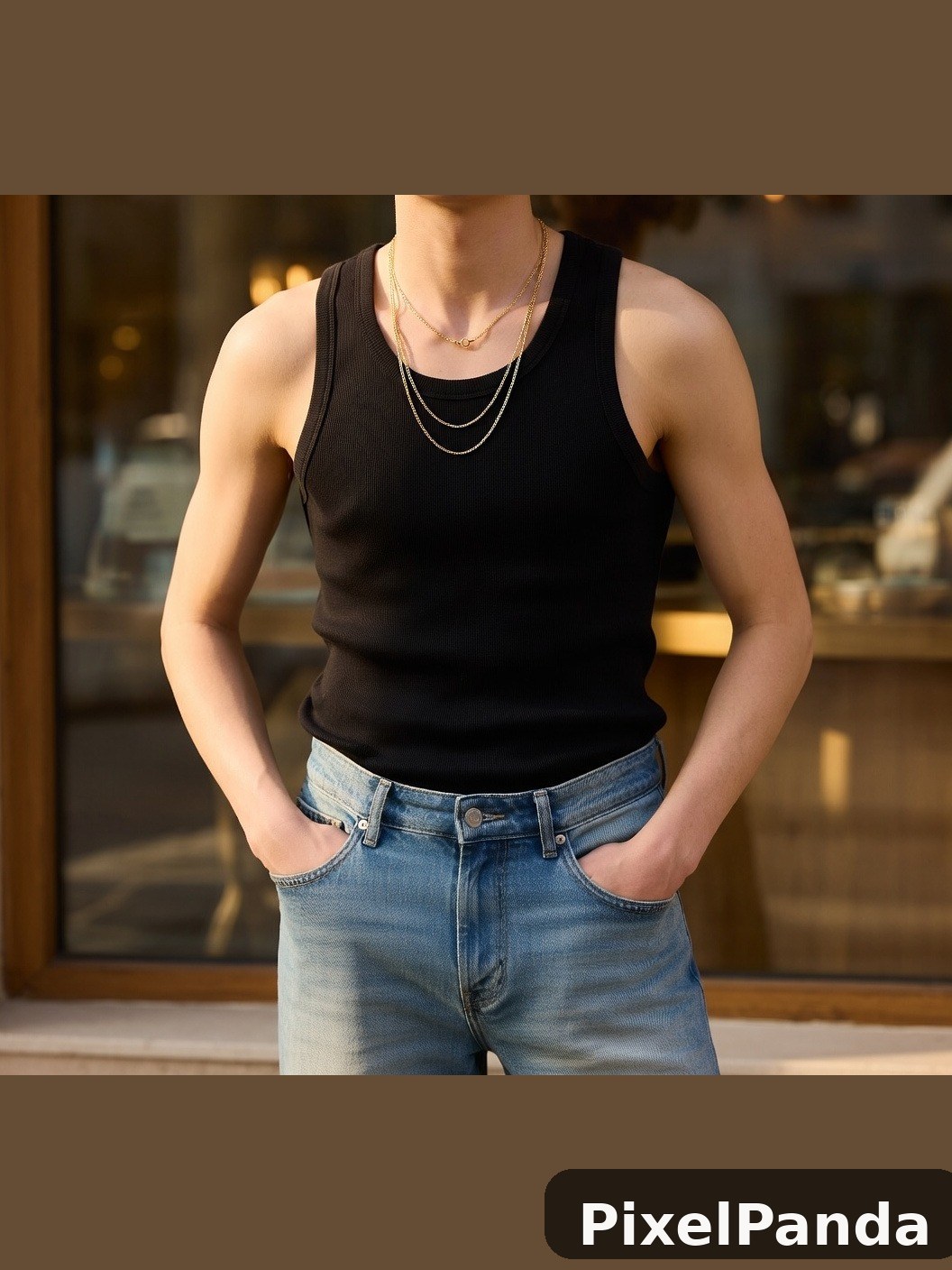 Person in black ribbed tank top and light blue jeans