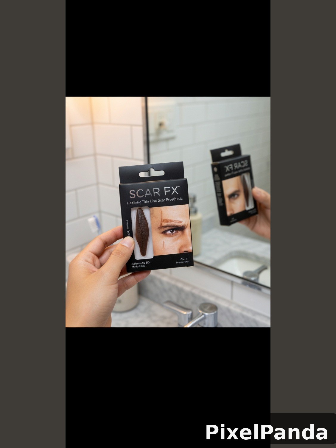 Hand holding scar effect prosthetic makeup product in bathroom