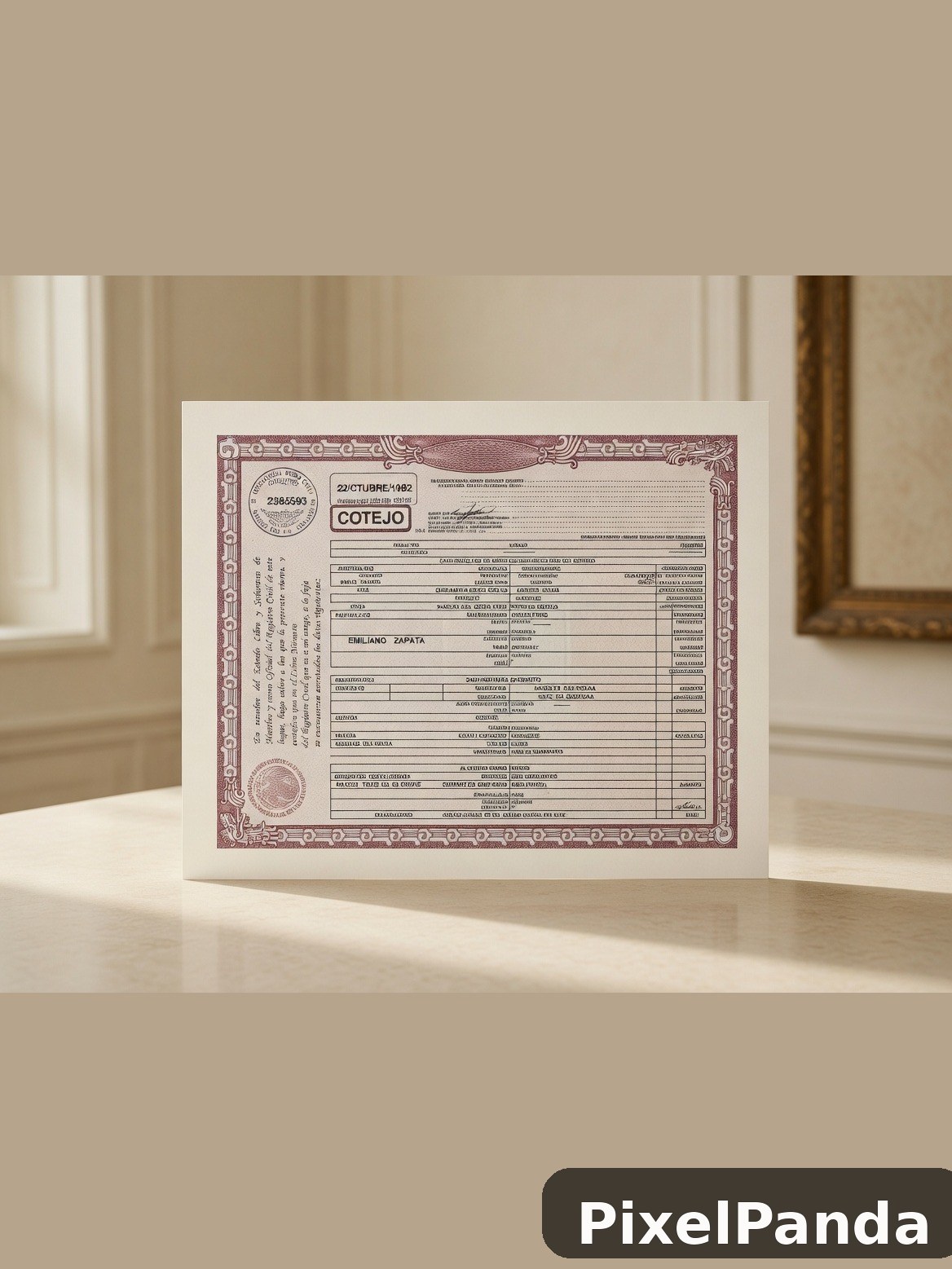 Vintage Spanish legal document displayed on light wood surface