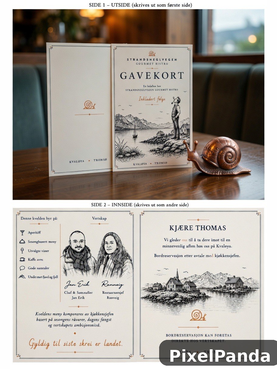 Gift card for Strandshglyvegen Gourmet Bistro with copper snail sculpture