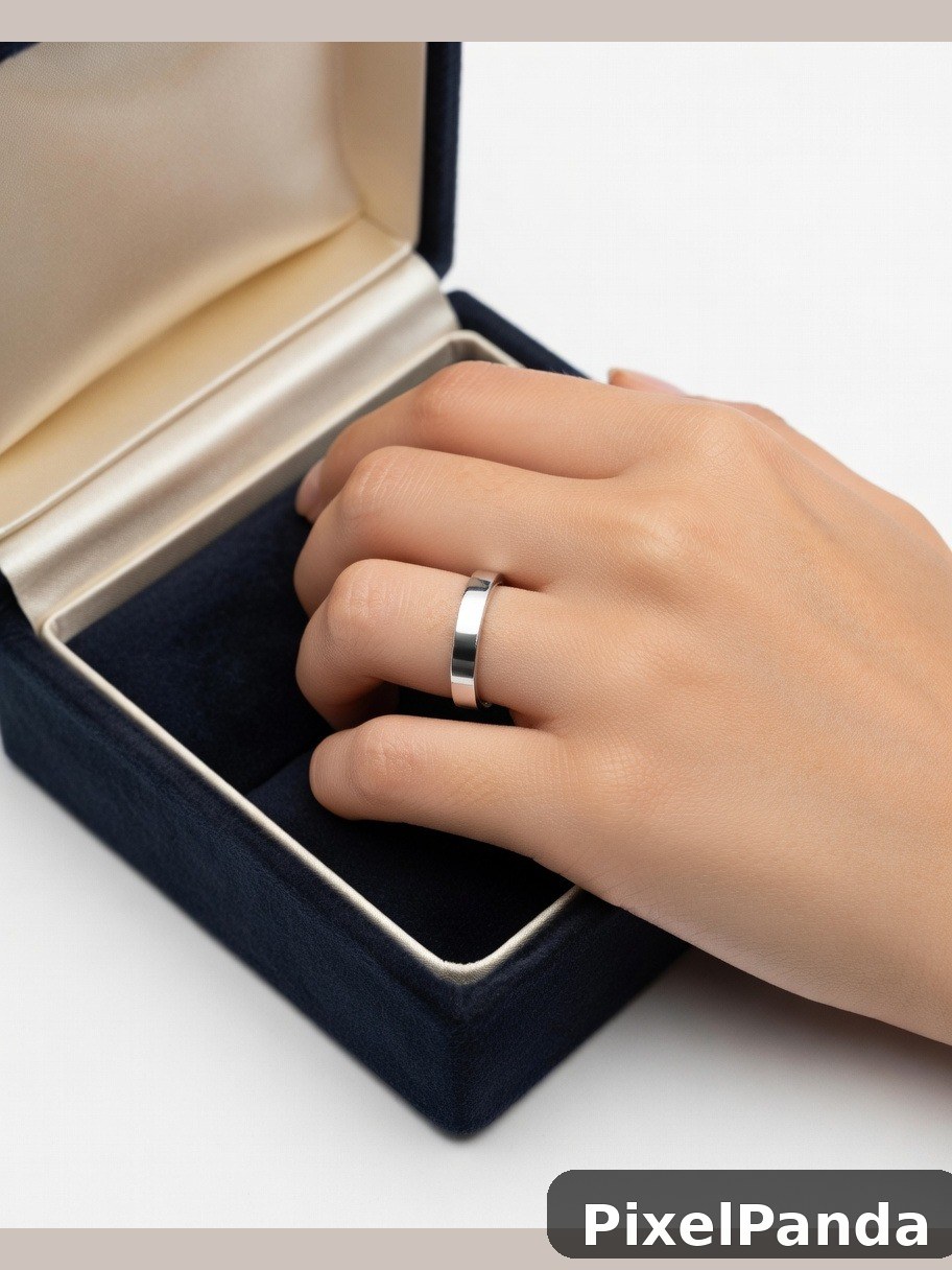 Silver band ring displayed in open jewelry box