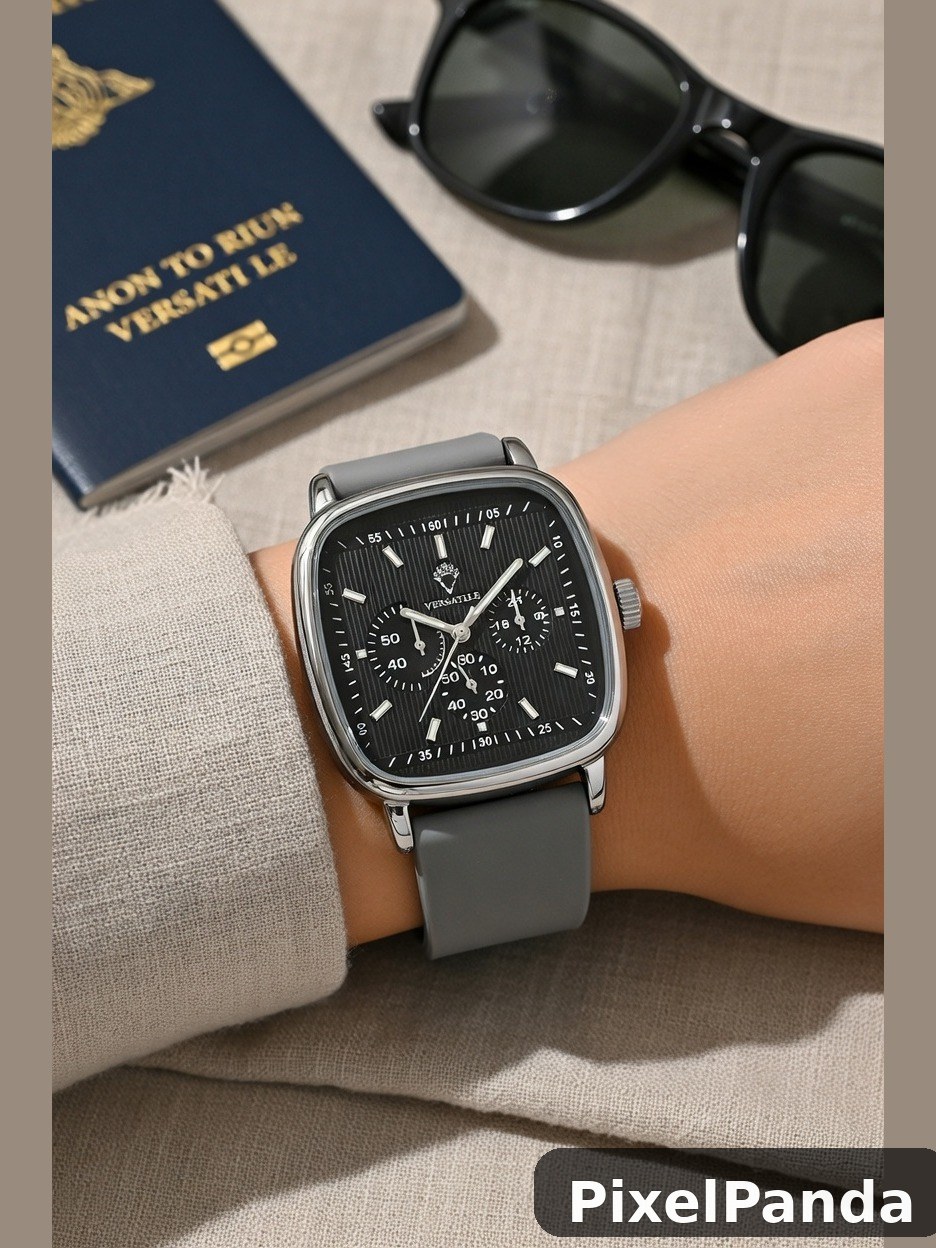 Square chronograph watch with gray rubber strap on wrist