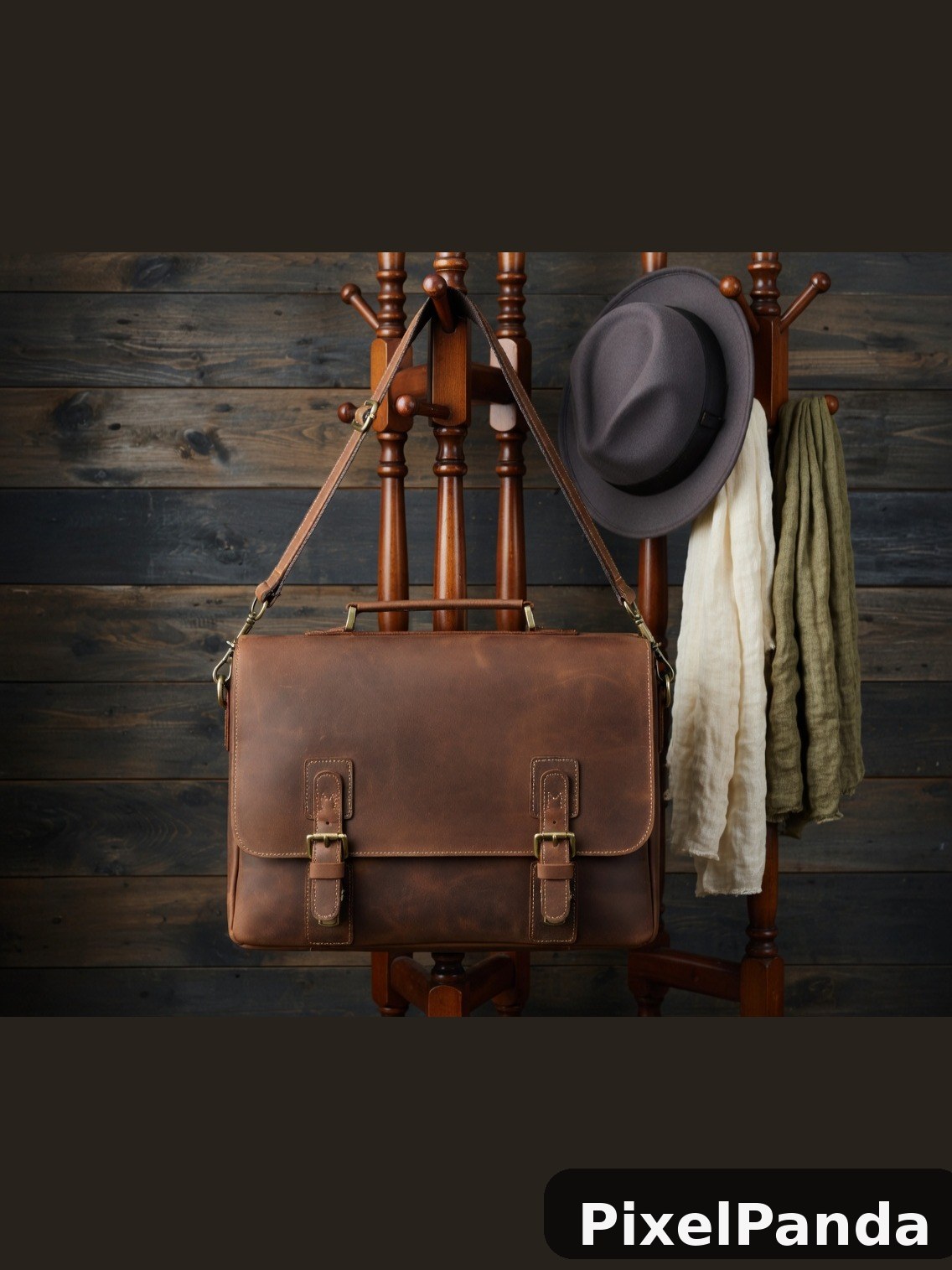 Brown leather messenger bag hanging on wooden coat rack