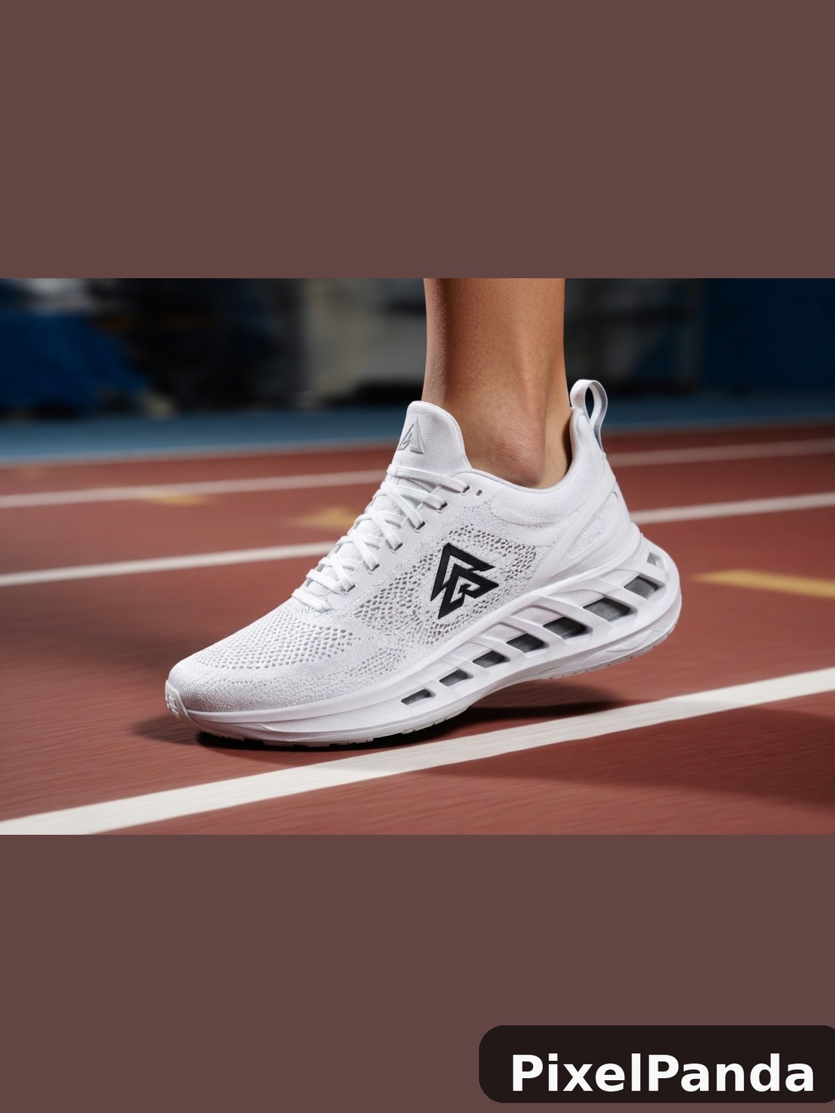 White mesh running shoe with black geometric logo on track