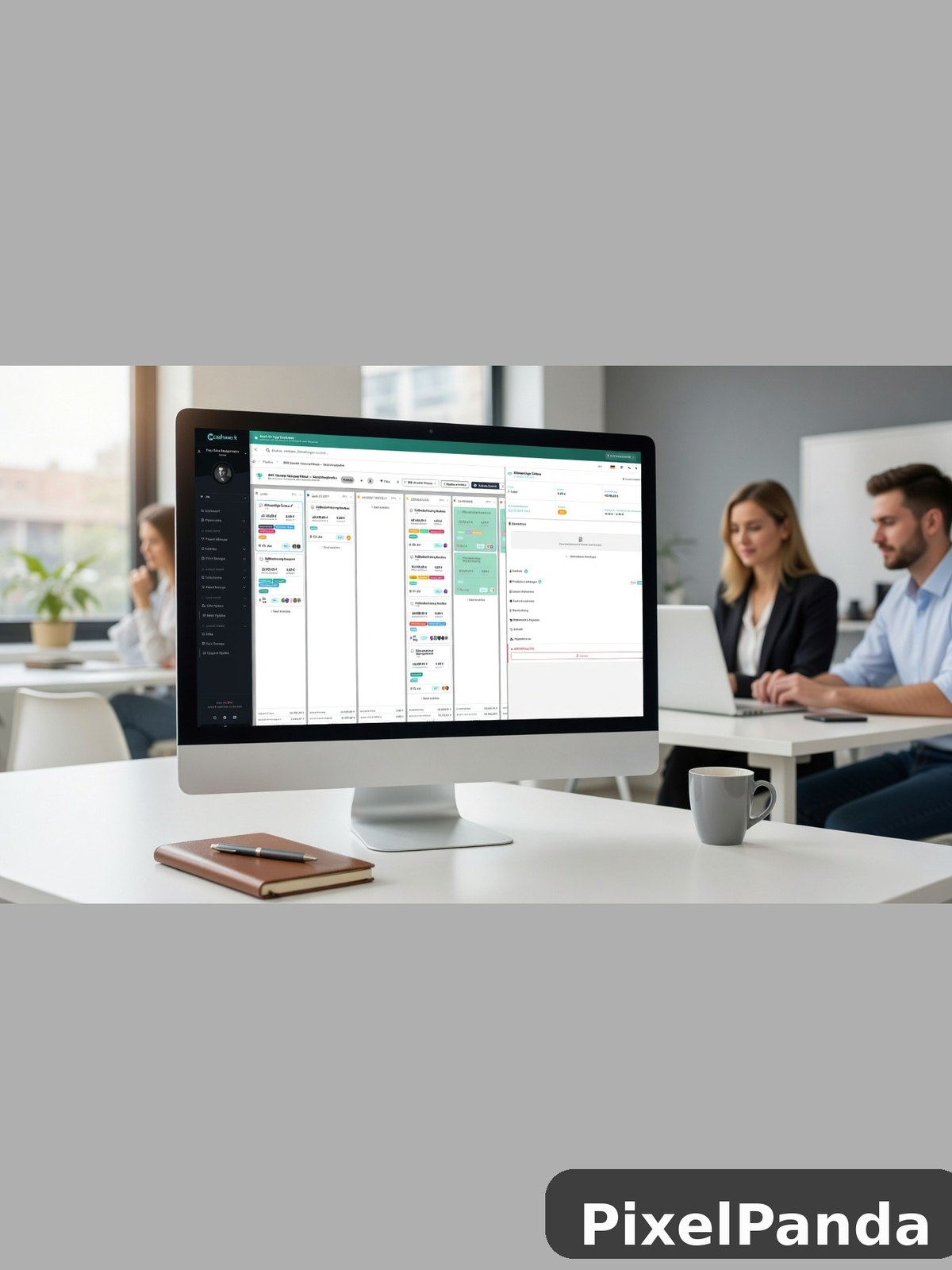 Desktop monitor displaying project management software in office setting