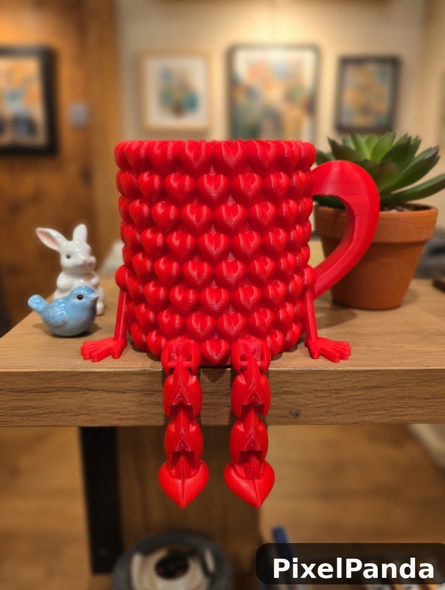Red strawberry-shaped mug with handle and textured surface on wooden shelf