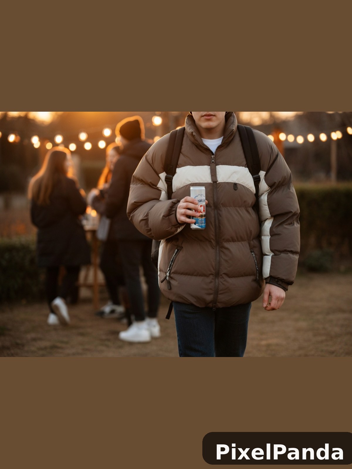 Person in brown and white puffer jacket holding beverage at dusk