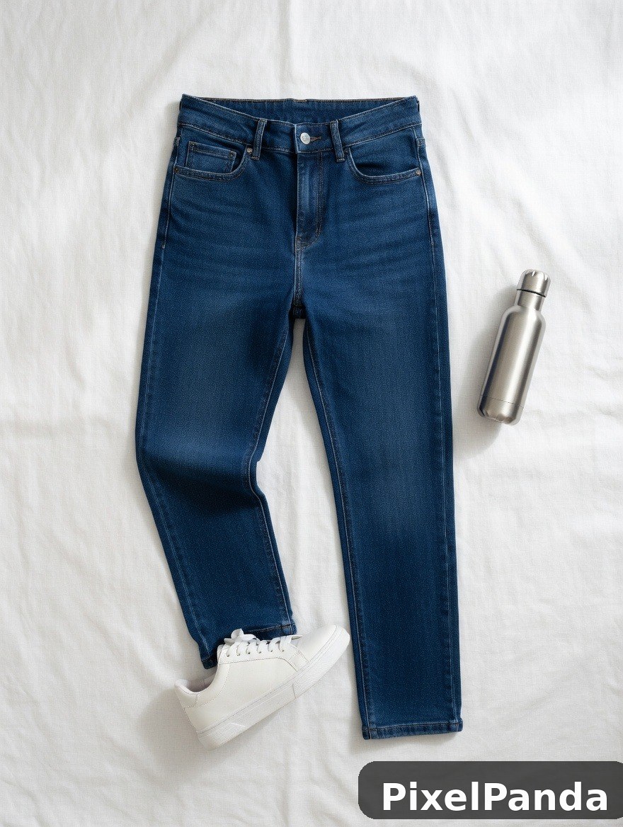 Dark blue jeans with white sneaker and metal water bottle flat lay