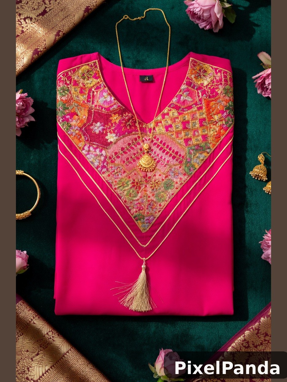 Hot pink tunic with gold embroidered neckline and tassel necklace