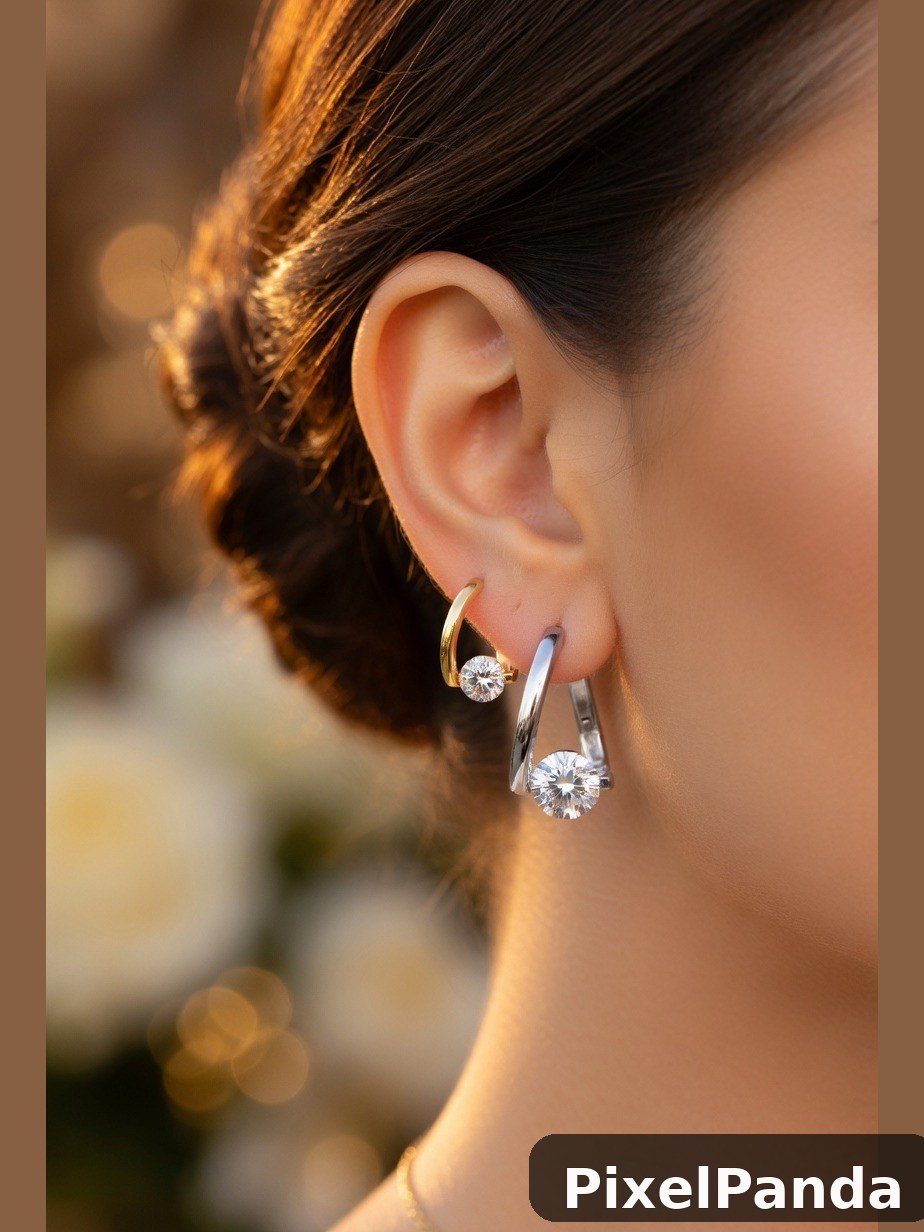 Woman wearing gold and silver diamond drop earrings