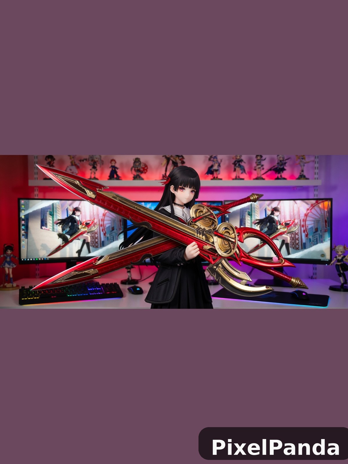 Anime character in black outfit holding ornate red and gold weapon