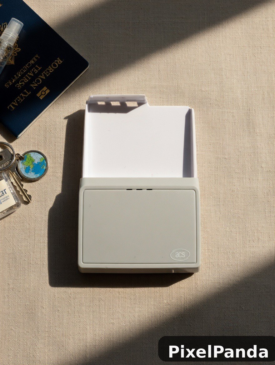 White portable printer with travel accessories on beige surface