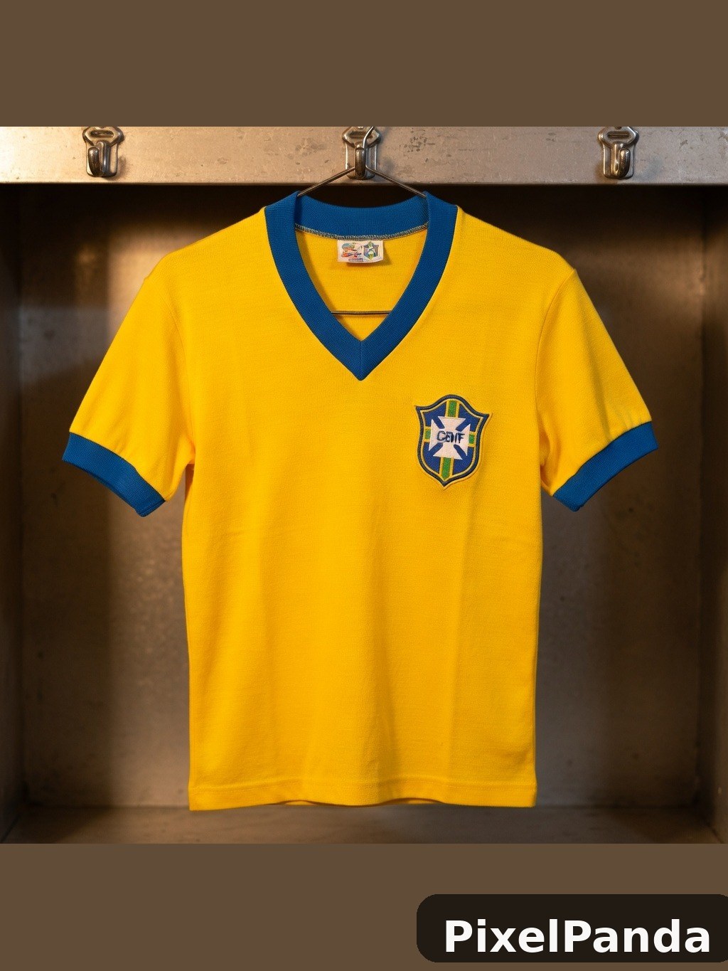 Yellow and blue vintage sports jersey on wooden shelf hanger