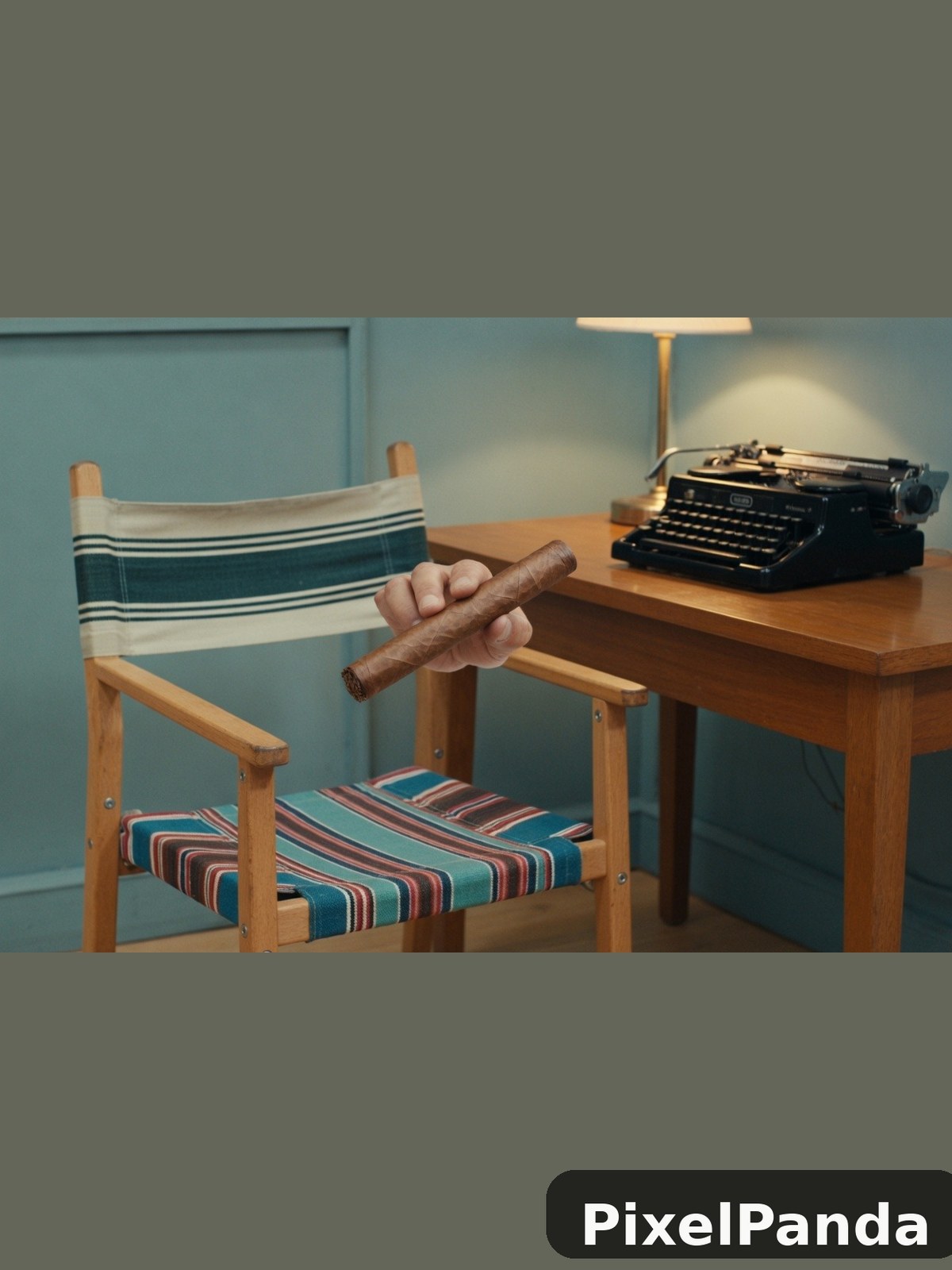Person holding cigar in mid-century modern office chair at desk