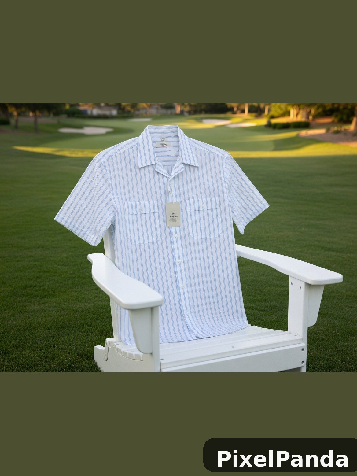 Light blue striped short sleeve shirt on white Adirondack chair
