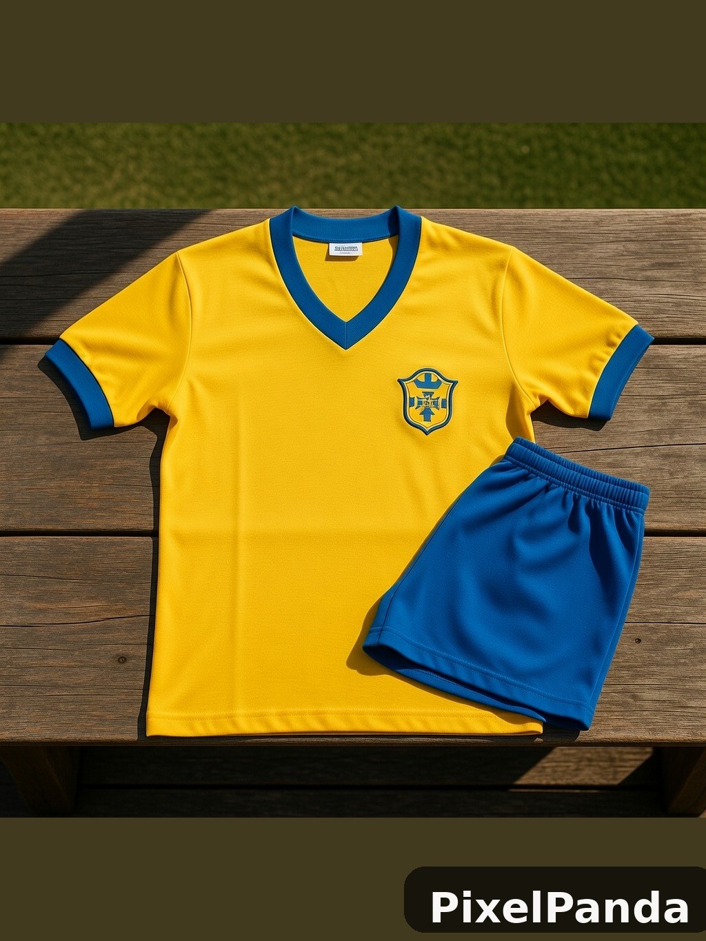 Yellow V-neck jersey with blue trim and shorts set on wood