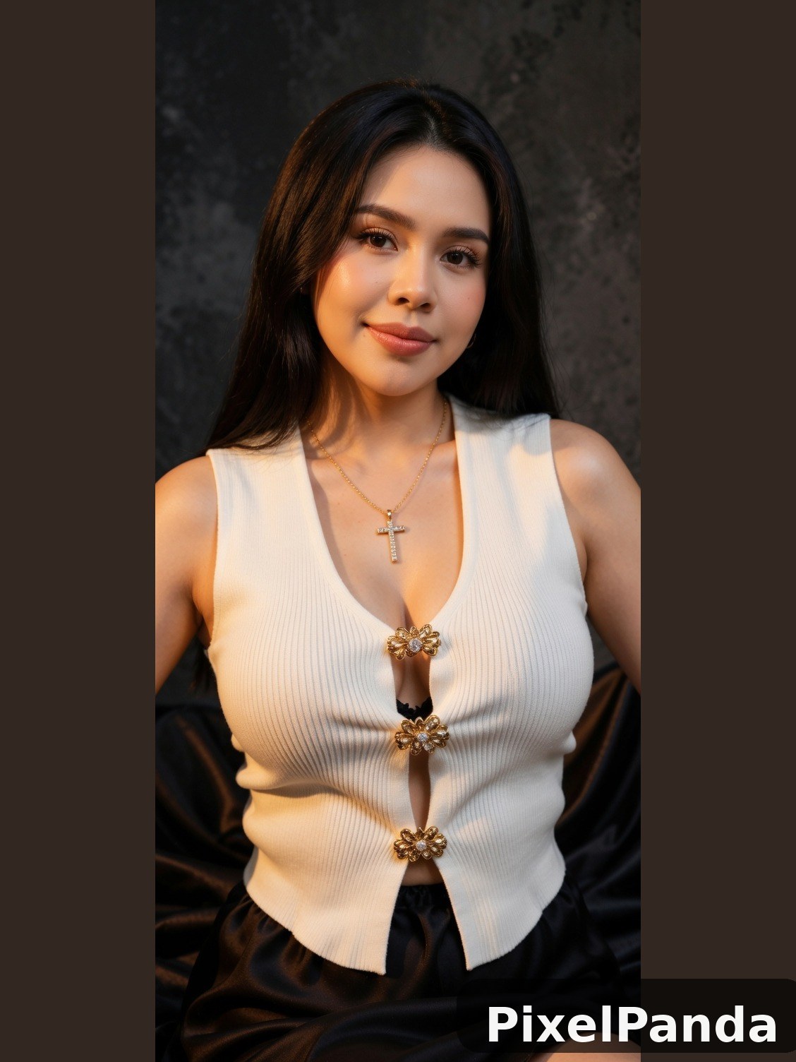 Woman in white ribbed vest with gold ornamental buttons