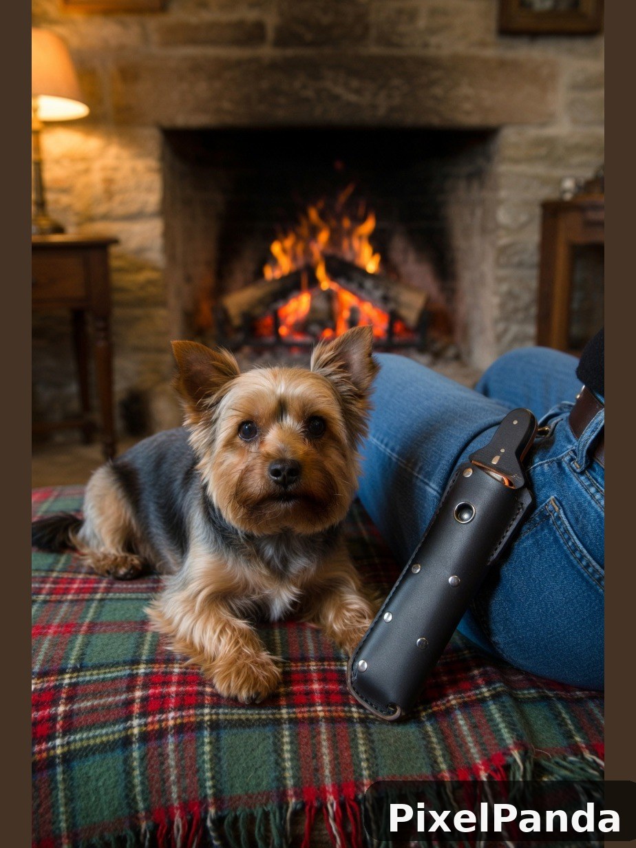 Terrier mix on plaid blanket by fireplace with person in jeans