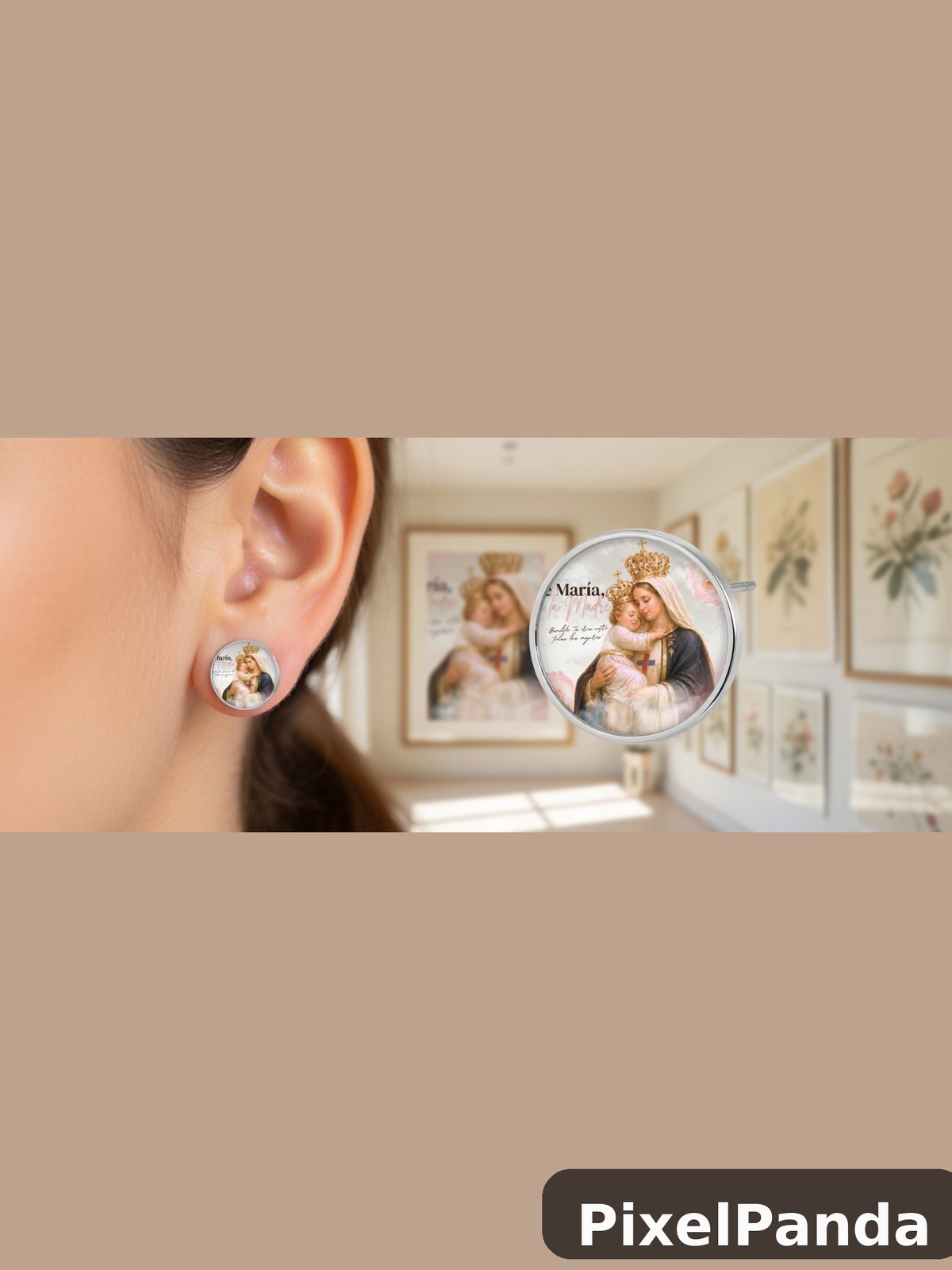 Religious medal earrings with Virgin Mary imagery in silver
