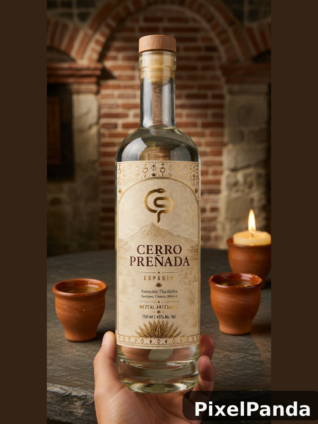 Cerro Prenada mezcal bottle held in front of rustic brick archway