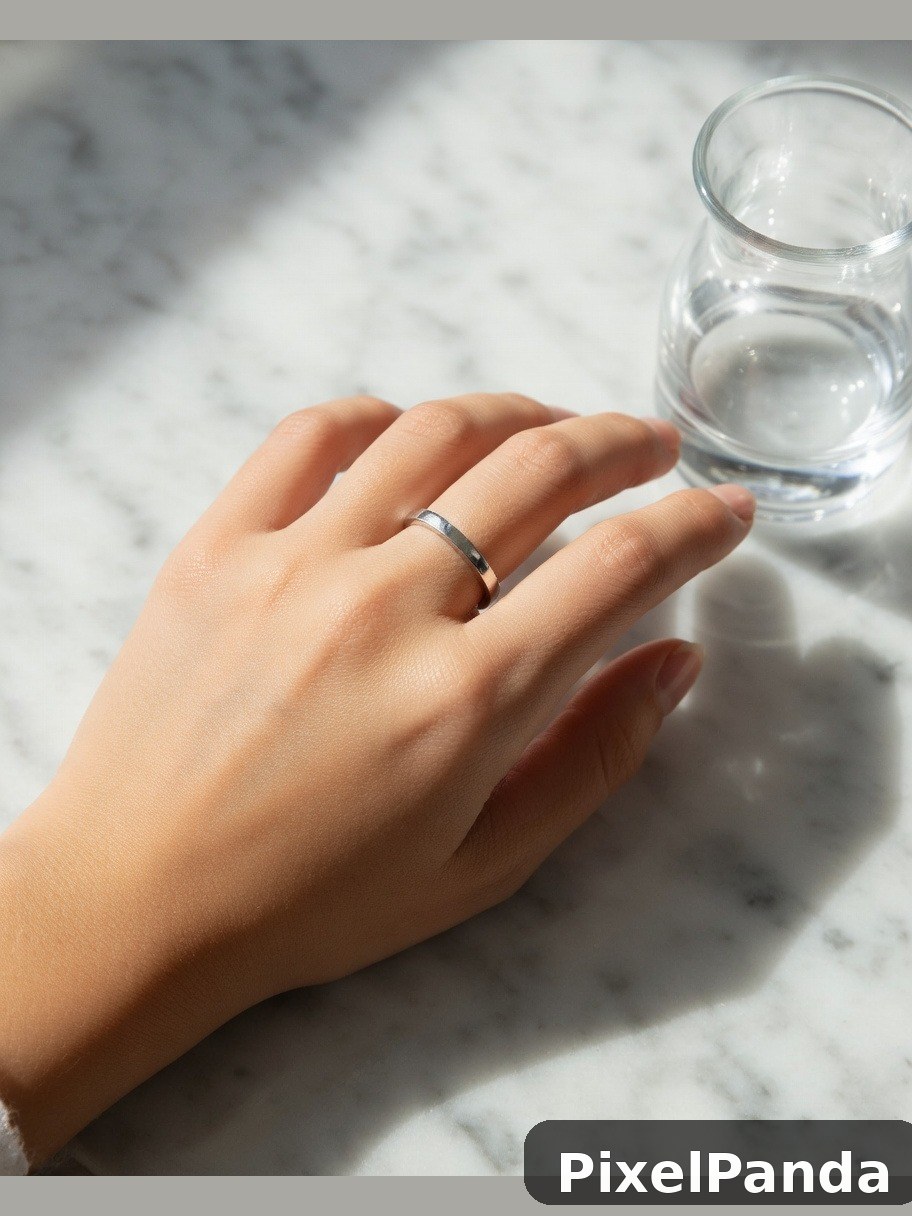 Hand with silver band ring on marble surface next to water glass