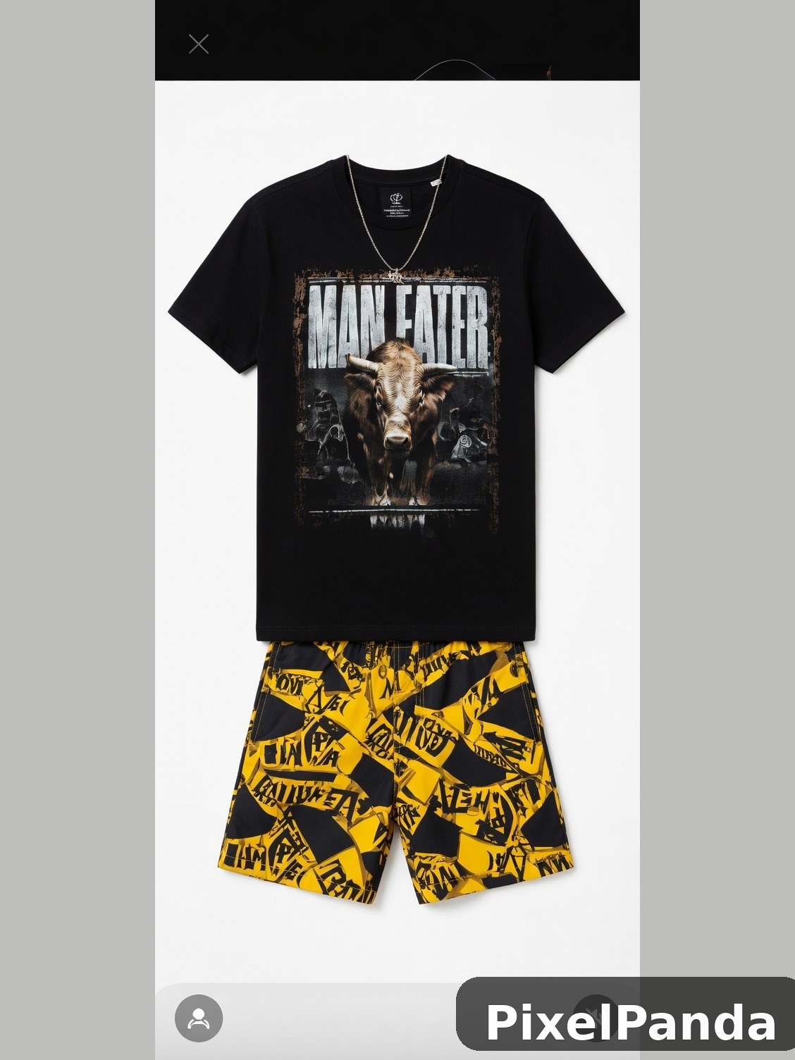 Black t-shirt with bull graphic and yellow patterned shorts set