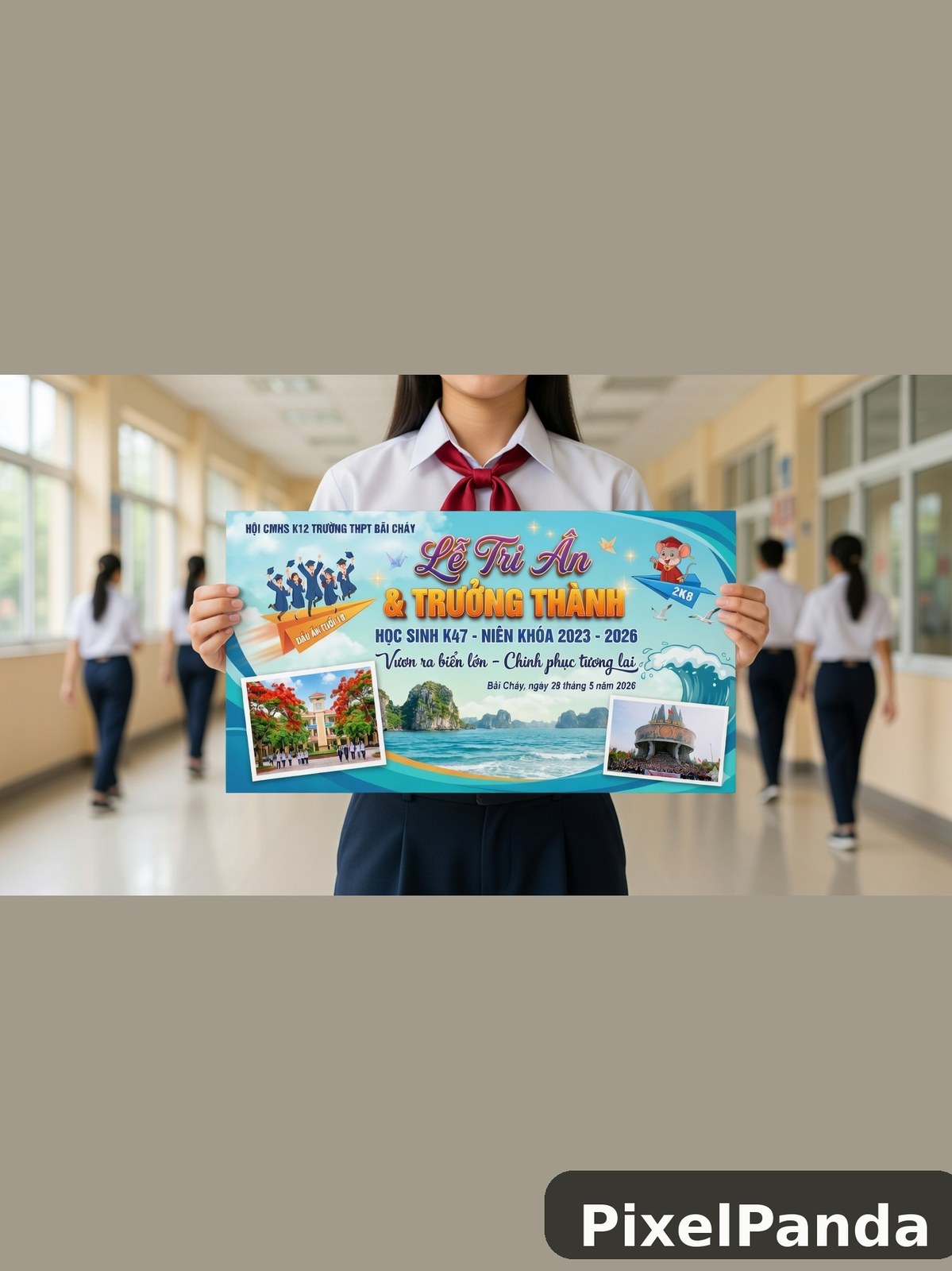 Student in school uniform holding Vietnamese class banner in hallway
