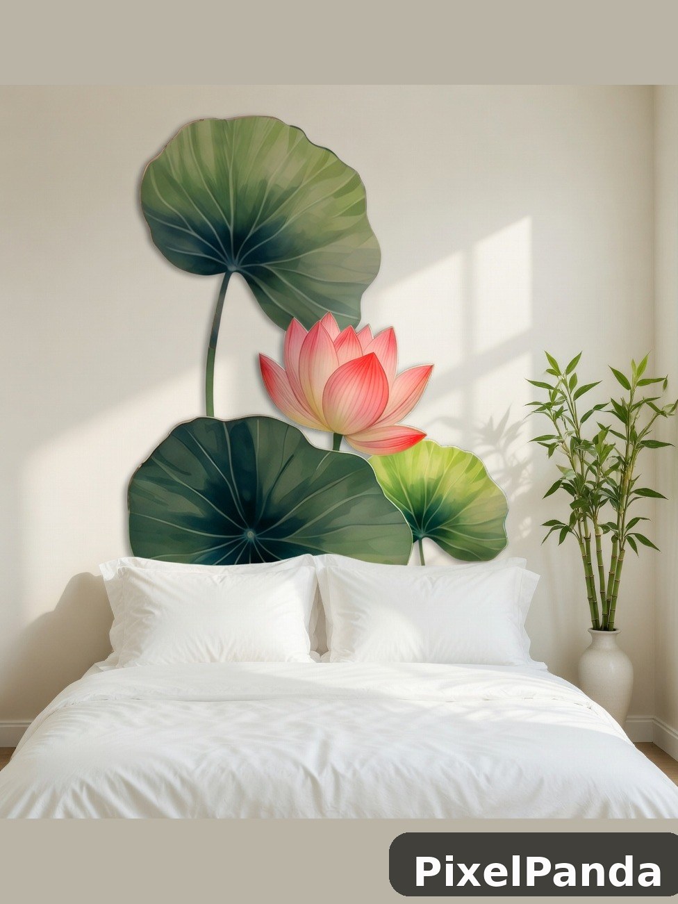 Bedroom wall mural with pink lotus flower and lily pad leaves