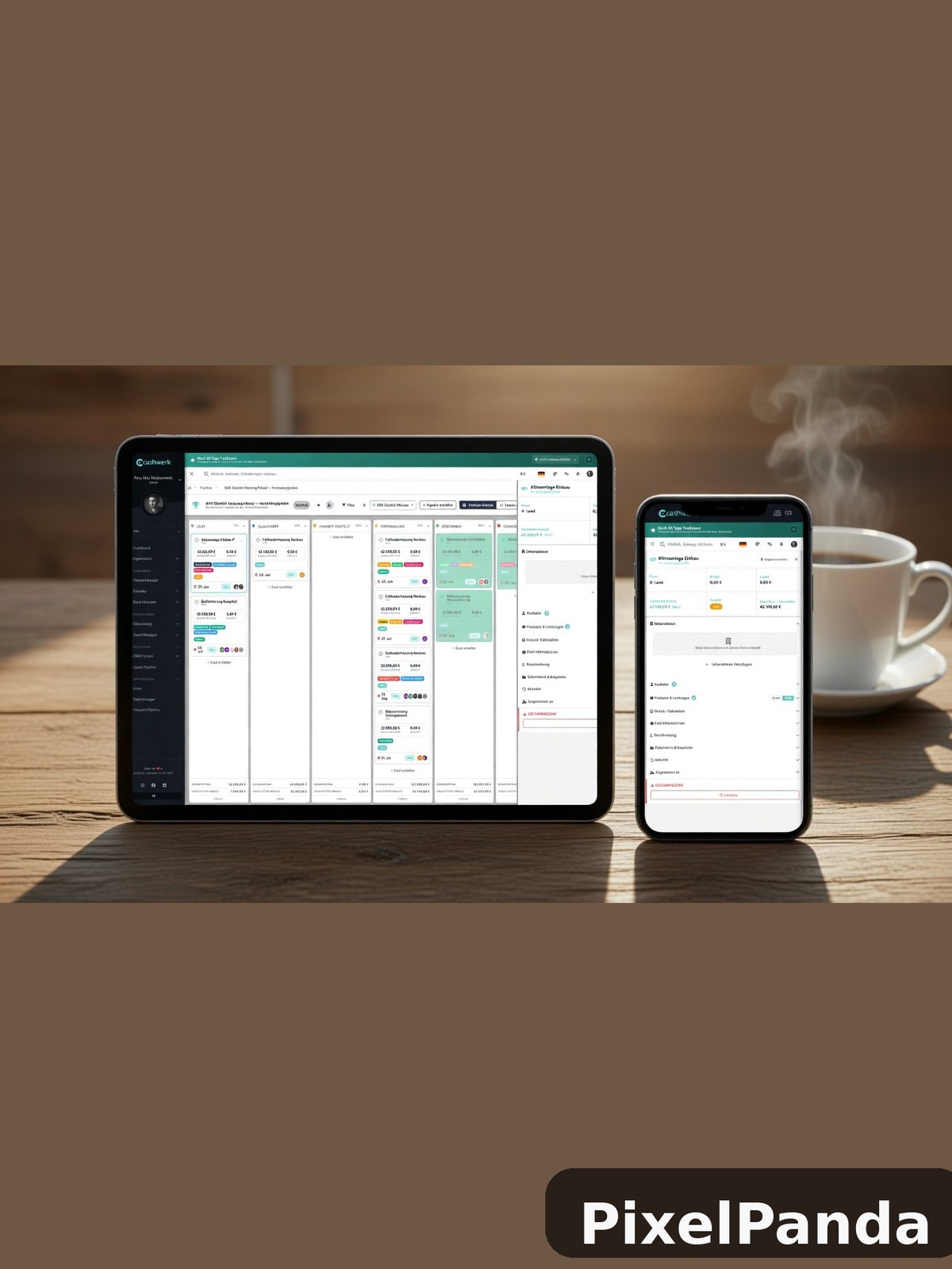 Tablet and smartphone displaying project management dashboard on wooden desk