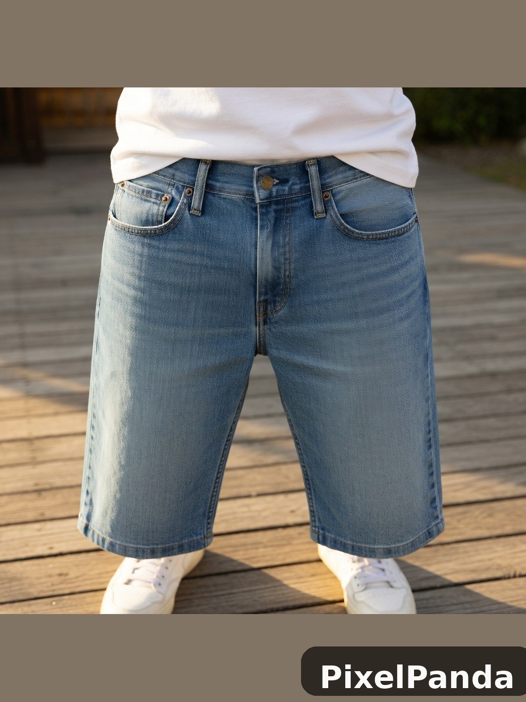 Person wearing light wash denim shorts and white sneakers on wooden deck