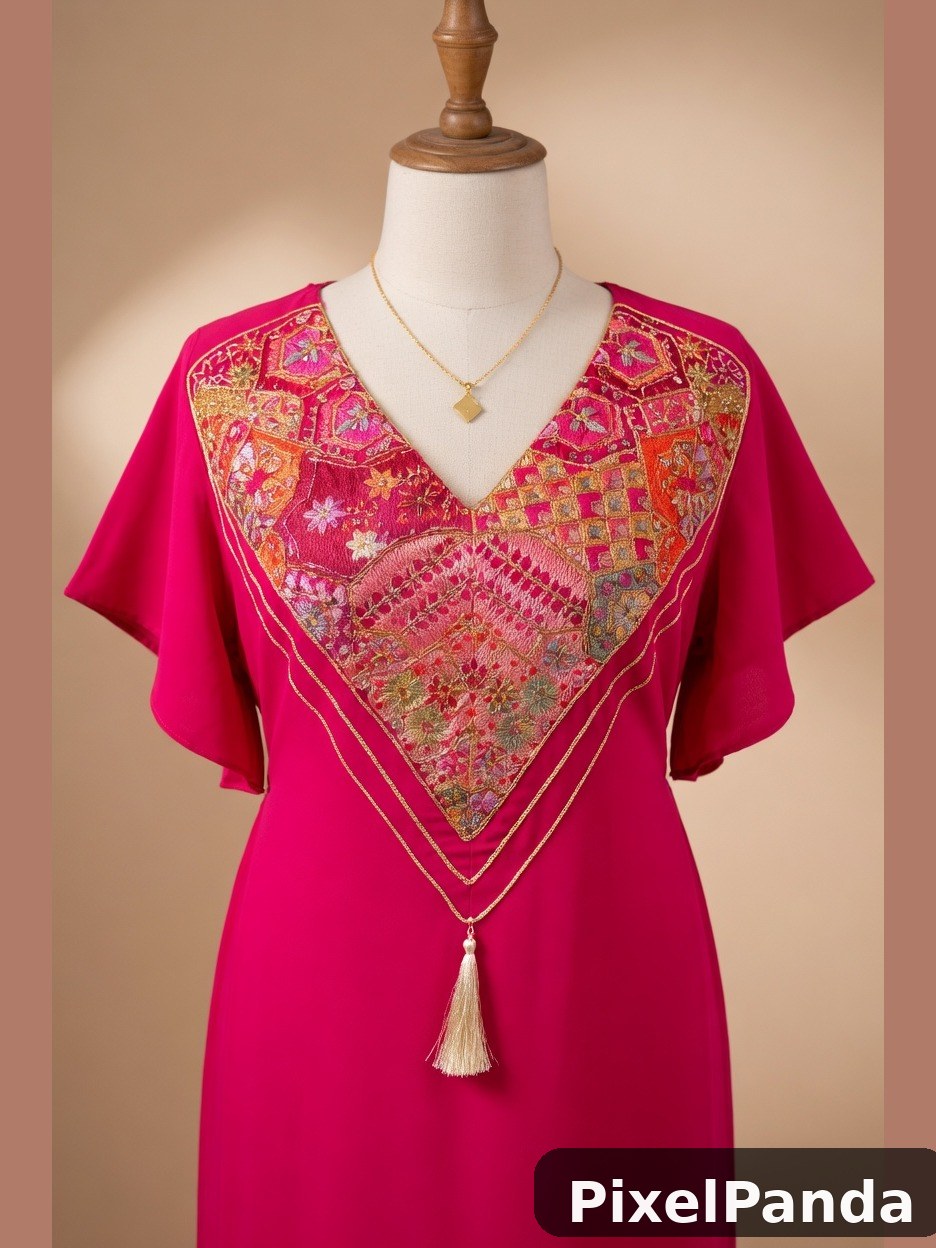 Fuchsia tunic with gold embroidered chevron panel and tassel