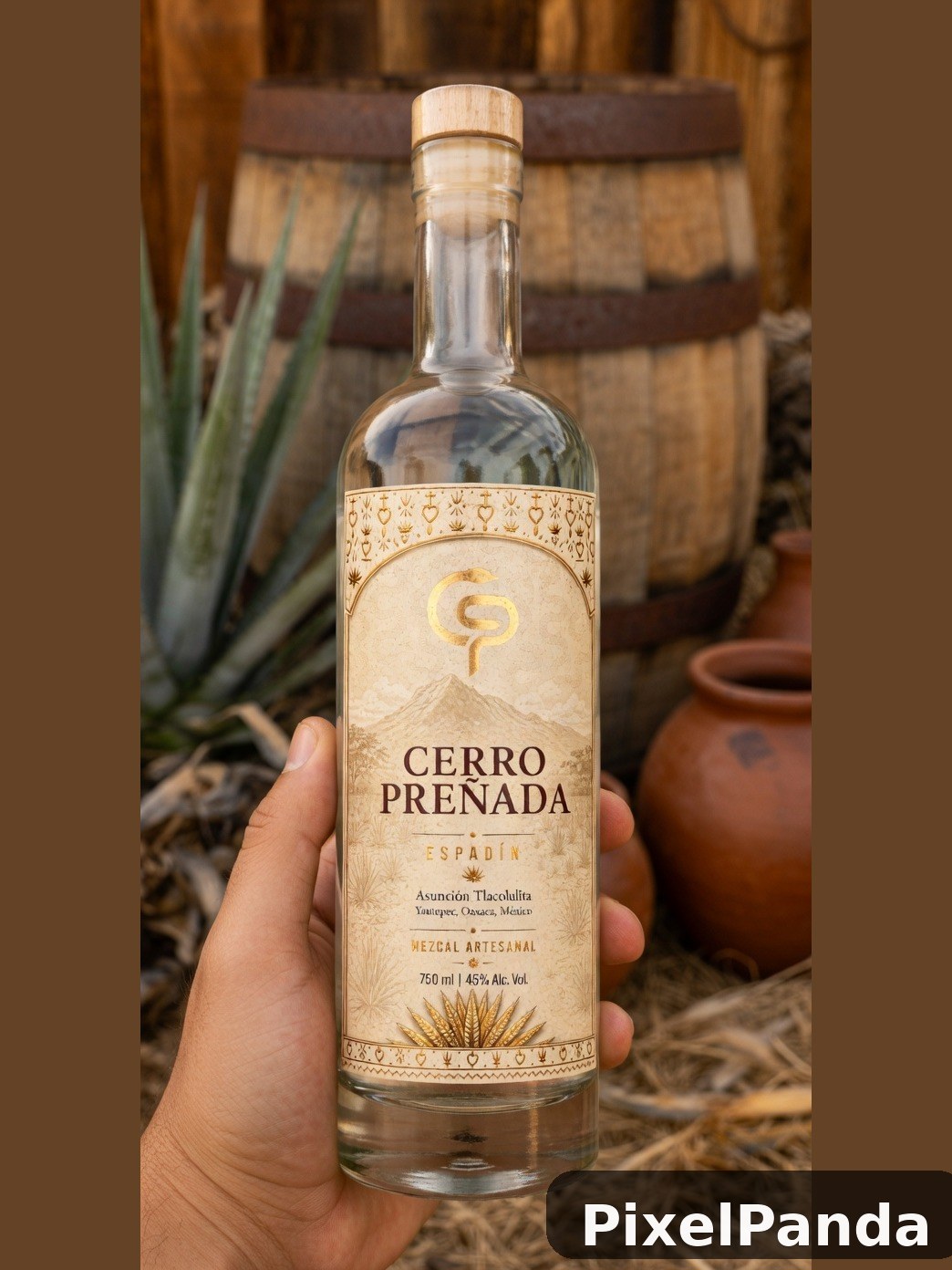Hand holding mezcal bottle with cream label and wooden barrel backdrop