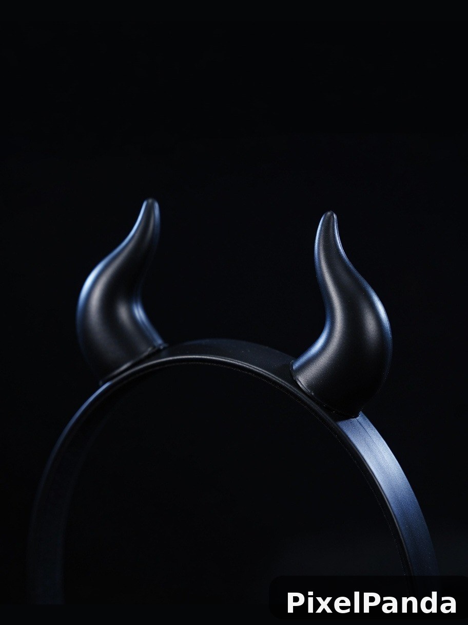 Black horned headband with blue metallic accents against dark background