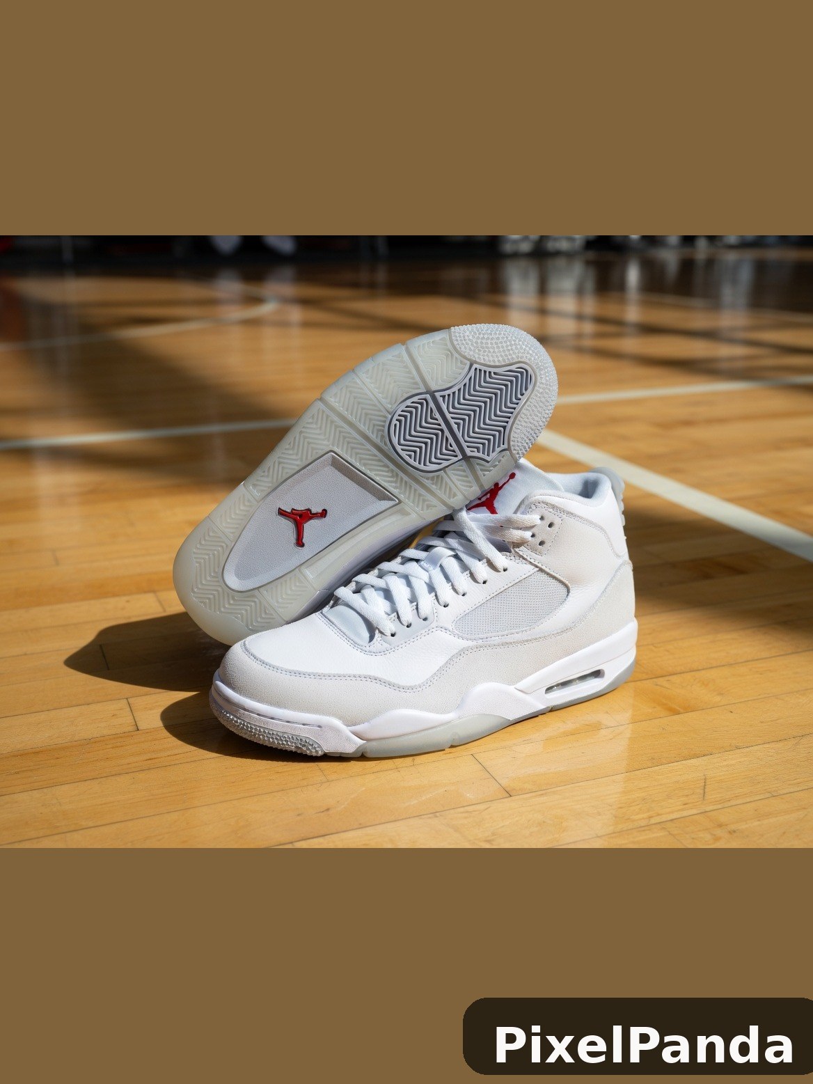 White mid-top basketball shoe on wooden court floor