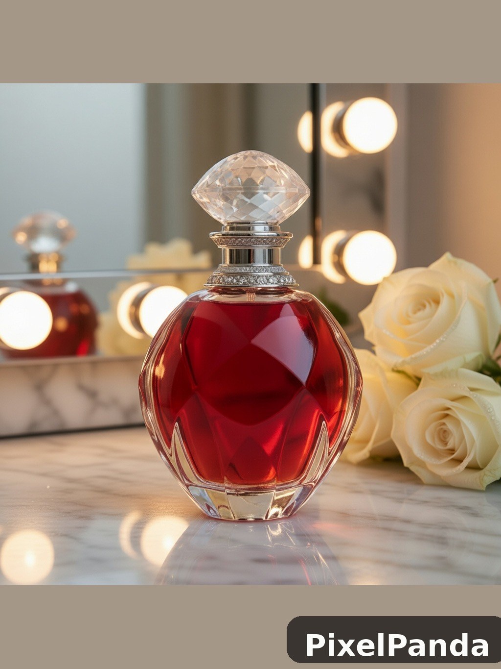 Ruby red perfume bottle with crystal stopper and cream roses