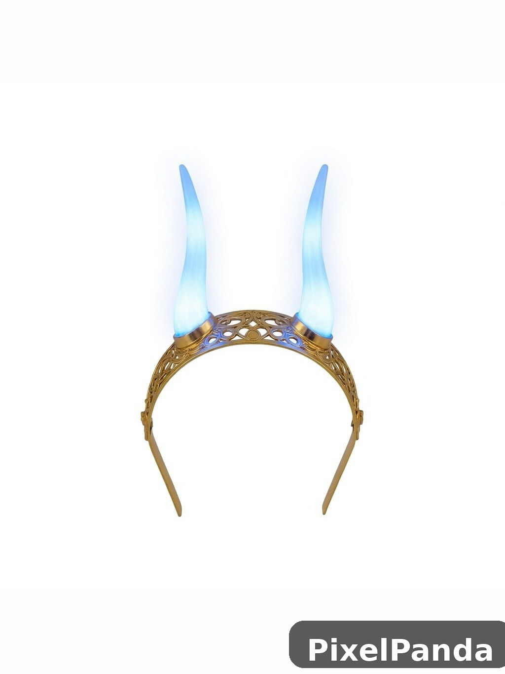 Ornate brass headpiece with glowing blue horns