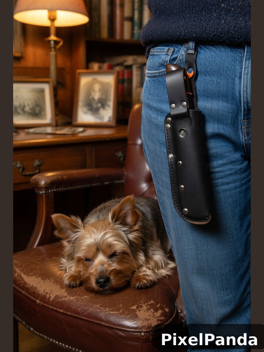 Person in jeans and leather holster standing beside sleeping terrier