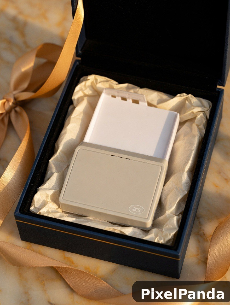 Cream-colored device in navy gift box with gold ribbon