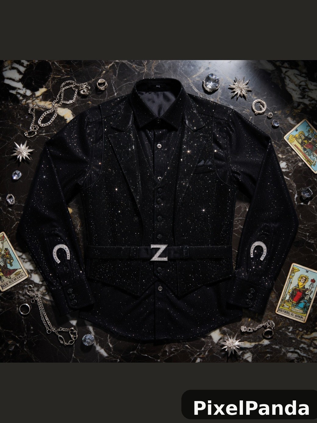 Black sparkle shirt flat lay with tarot cards and celestial jewelry