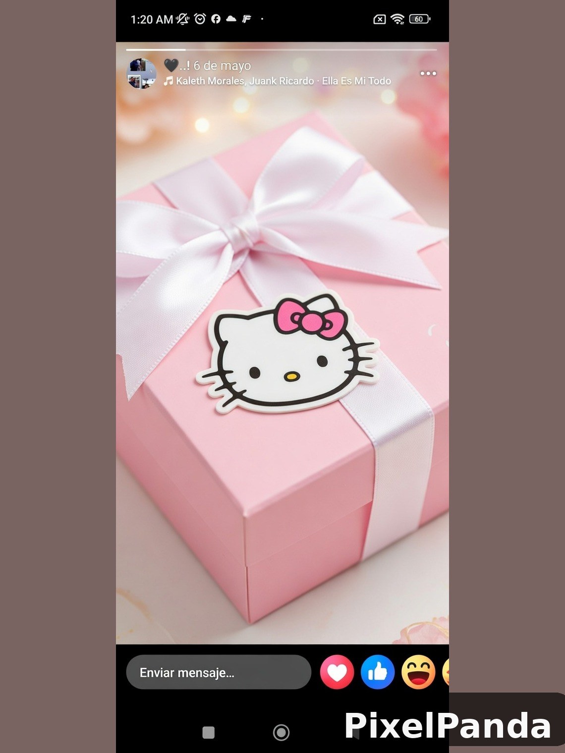 Pink gift box with white ribbon bow and character sticker