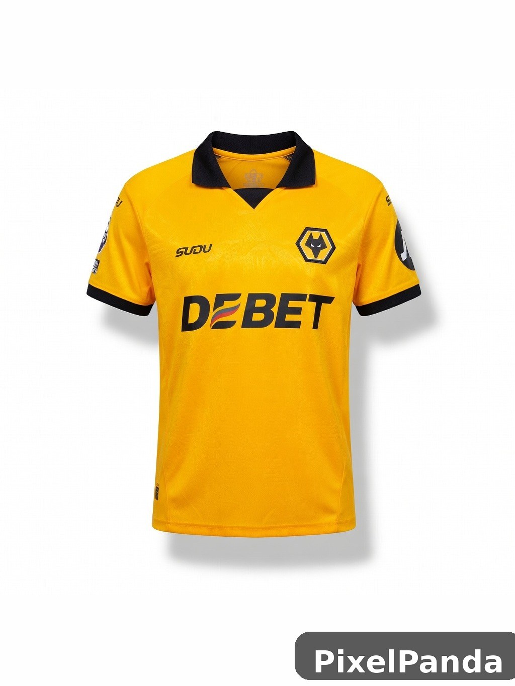 Yellow soccer jersey with black collar and sponsor branding